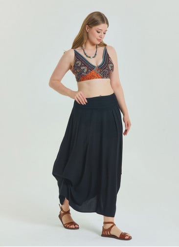 Black Plus Size Skirt with Elastic Waist and Drape Detail 4600